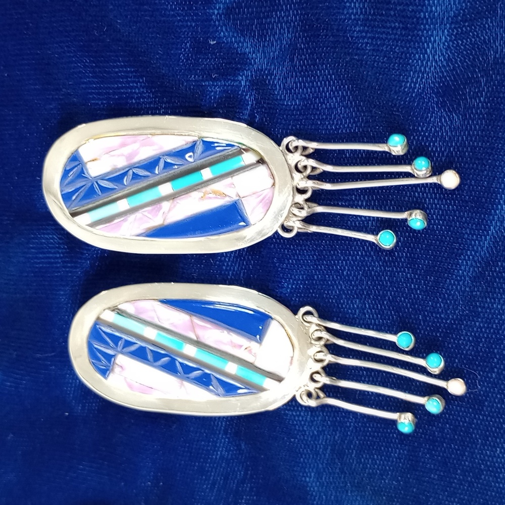 Vintage Native American Multi Stone On Sterling Silver Dangle Earrings Post - Picture 5 of 16
